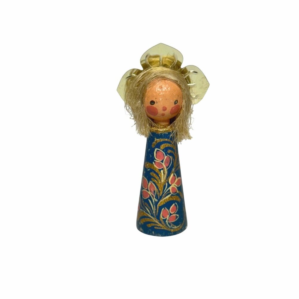 Miniature Folk Art Hand-Painted Wood Angel Figurine Tin Halo